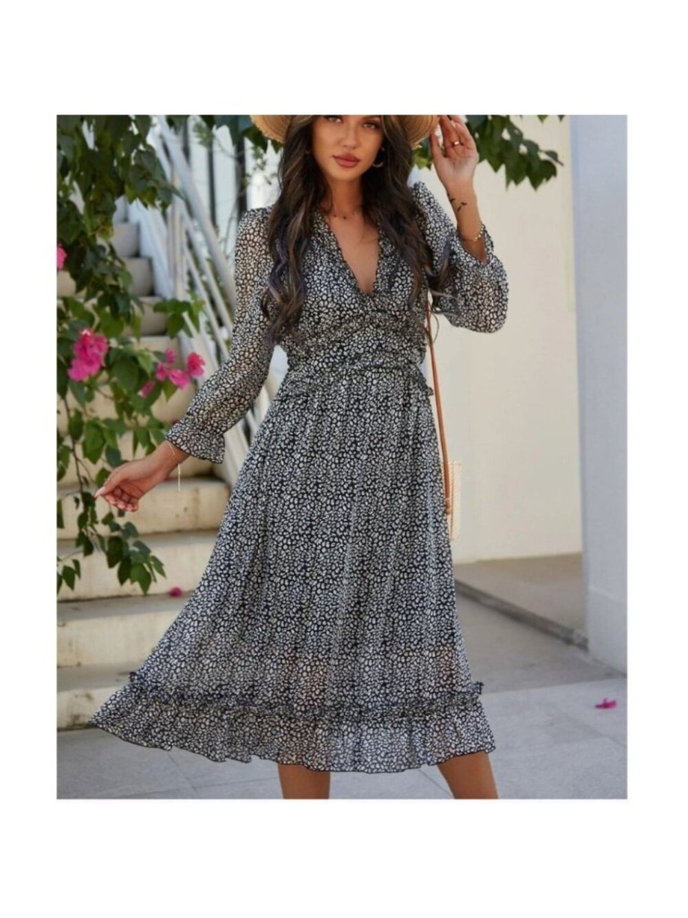 Boho Chiffon Print Deep V-neck Ruffle Hem Dress